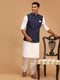 Men's Navy Blue Solid Cotton Nehru Jacket With White Kurta And Pyjama Set
